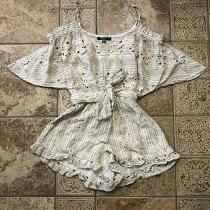 NWOT Missguided Beige Striped Eyelet Off-Shoulder Romper